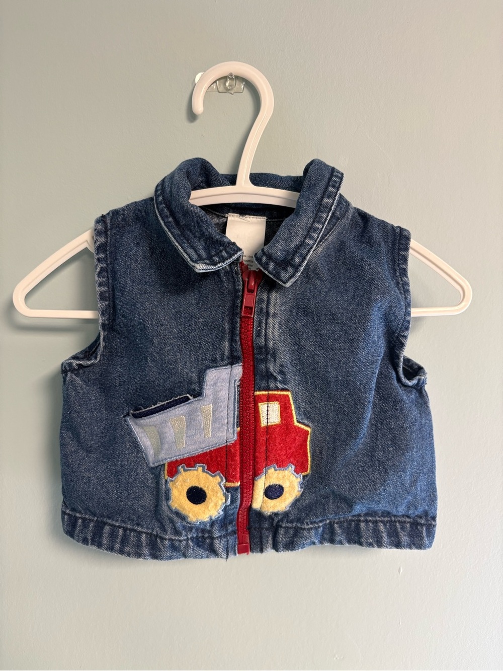 Jean Zipper Vest with Dump Truck Image, Boy Size 3 months, Boy Jean Vest